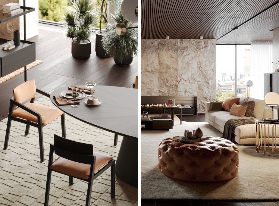 Sala de jantar com Cadeiras Mull com Braços e sala de estar com Puff Bur Redondo, ambos na cor Peach Fuzz