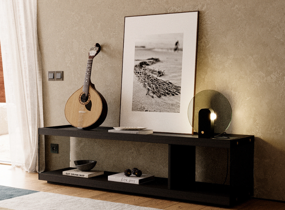 sala de estar decorada com móvel de apoio Laskasas e guitarra portuguesa, inspiração com identidade cultural portuguesa
