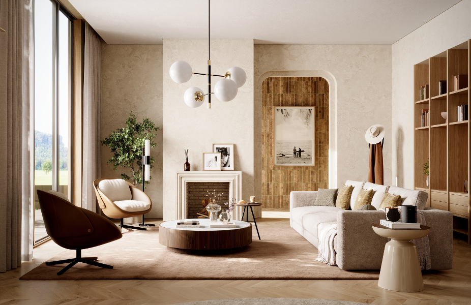 Salón con Sillón George, Mesa de Centro Gold y Sofá Modular Montreal.