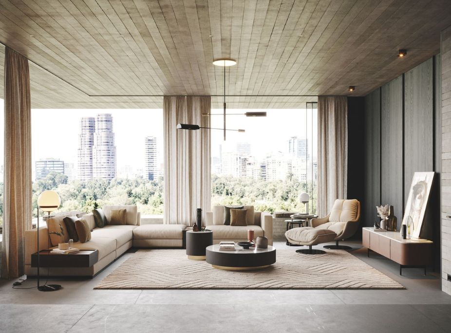 Sofa Modular Fletcher con mesas de centro Gold, mueble para TV Norman, lmpara de pie Clarke, lmpara de mesa Clarke, lmpara de techo Randolph, Silln Sophia y alfombra Field