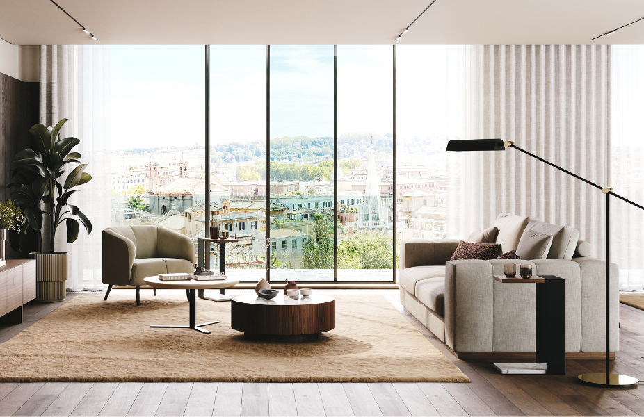 Decoracin de saln para el verano de 2025 en saln con luz natural y lmparas.
