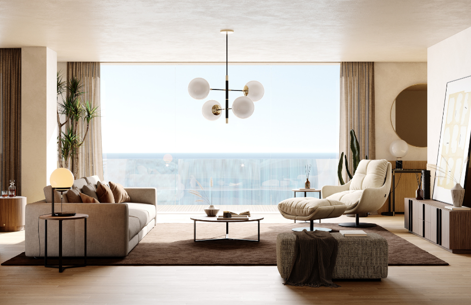 Decoracin de saln para el verano de 2025 en saln ordenado, con ventanas amplias, plantas, colores claros y naturales y mucho espacio libre.