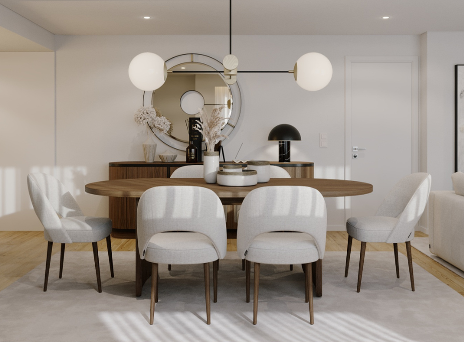 Comedor con lmpara de techo sobre la mesa de comedor para iluminacin general, y lmpara de mesa en el aparador para crear una segunda capa de luz