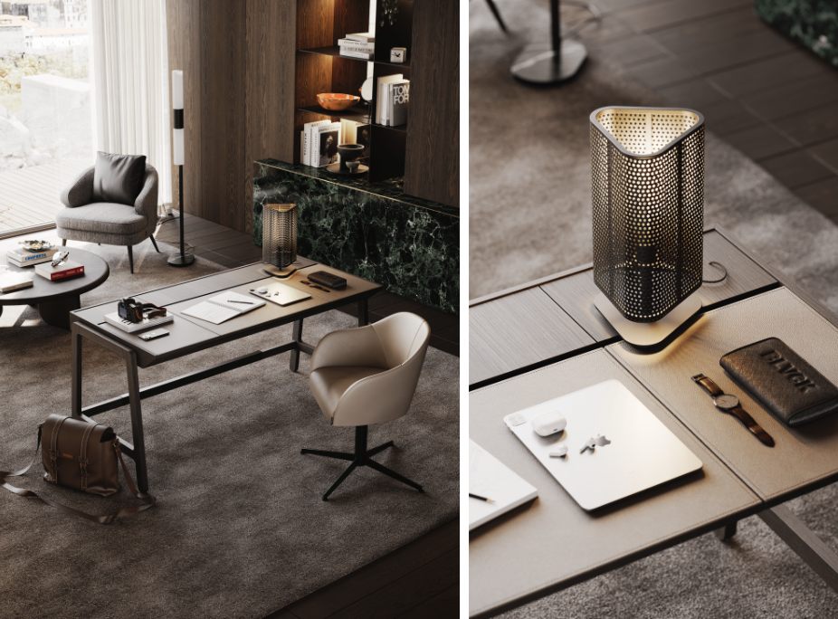 Despacho con lmpara de mesa Walker sobre el escritorio, para ofrecer iluminacin de trabajo en momentos de concentracin