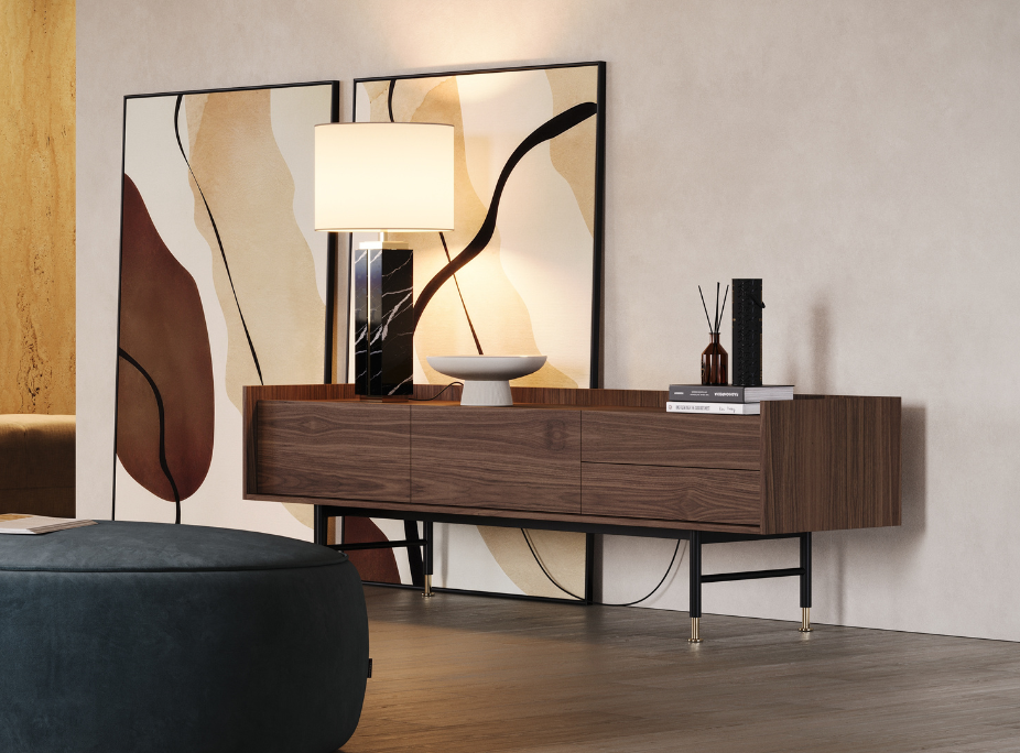 Saln con lmpara de mesa actuando como iluminacin de acento frente a un cuadro decorativo