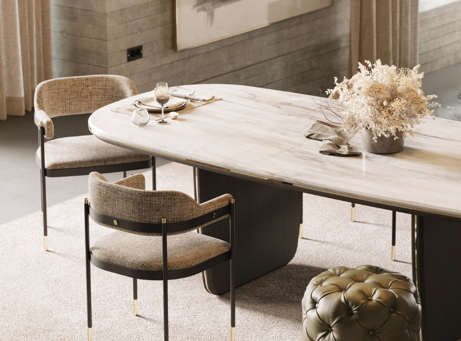 Mesa de comedor con tablero de m�rmol y base de madera, y sillas tapizadas con detalles y soporte met�licos.