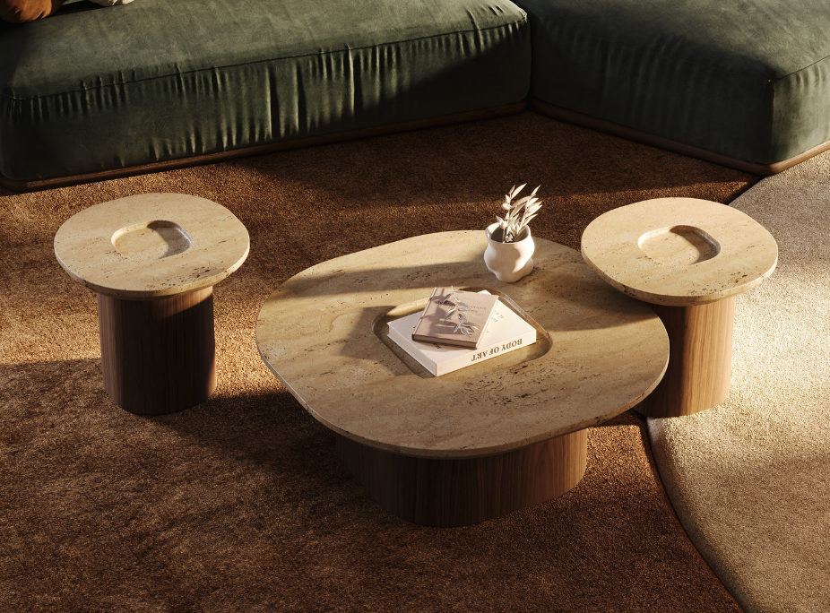 Mesas de centro y auxiliares con tablero de piedra travertino revestida con resina y base de madera.