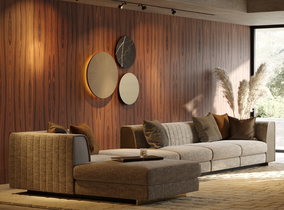 Sala de estar com candeeiro de parede, que complementa a iluminao ambiente, cria mais uma camada luminosa e funciona como um ponto de destaque artstico
