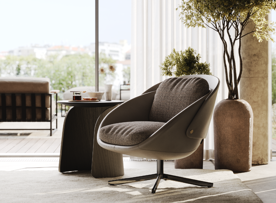 Cadeir�o contempor�neo composto por v�rios materiais em sintonia, incluindo pele, tecido e metal.