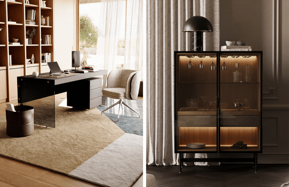 Secret�ria com p� de vidro e arm�rio bar iluminado com portas de vidro para decora��o de interiores contempor�nea.