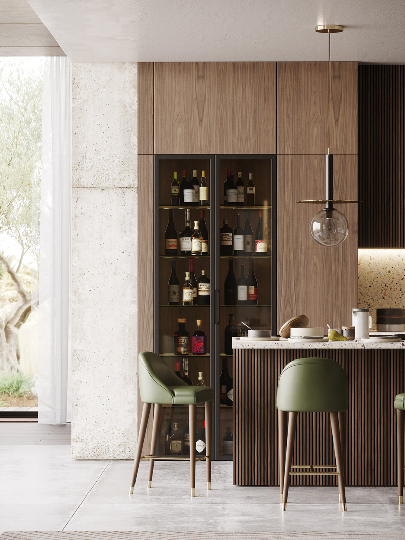 Two olive green bar stools by a kitchen counter