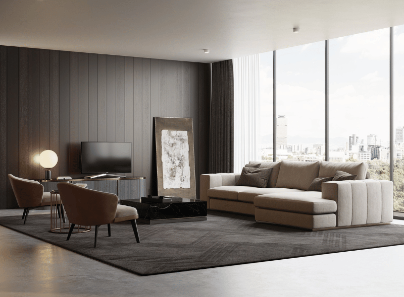 salón con sofá chaise longue, sillones y mesa de centro