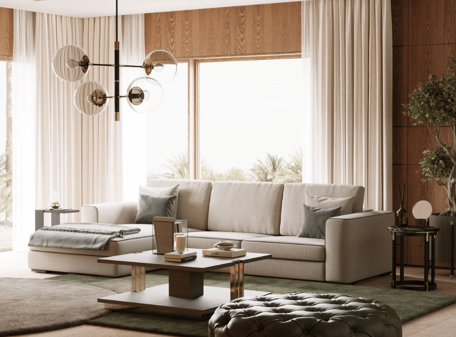 Salón con sofá, mesa de centro, mesa de apoyo y puff