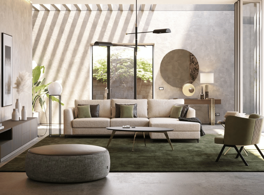 Salón con sofá chaise longue, puff, mesa de centro y sillón