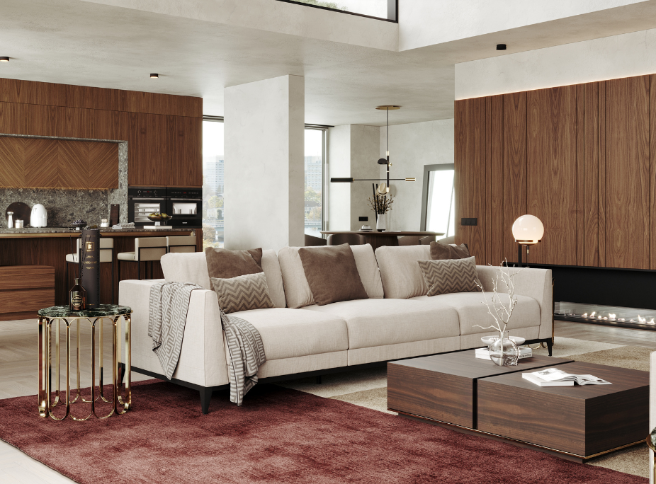 Dicas de decoração para escolher o sofá ideal para a sua sala de estar em espaços integrados com Sofá Decker, Mesa de Centro Sila e Mesa de Apoio Cheryl