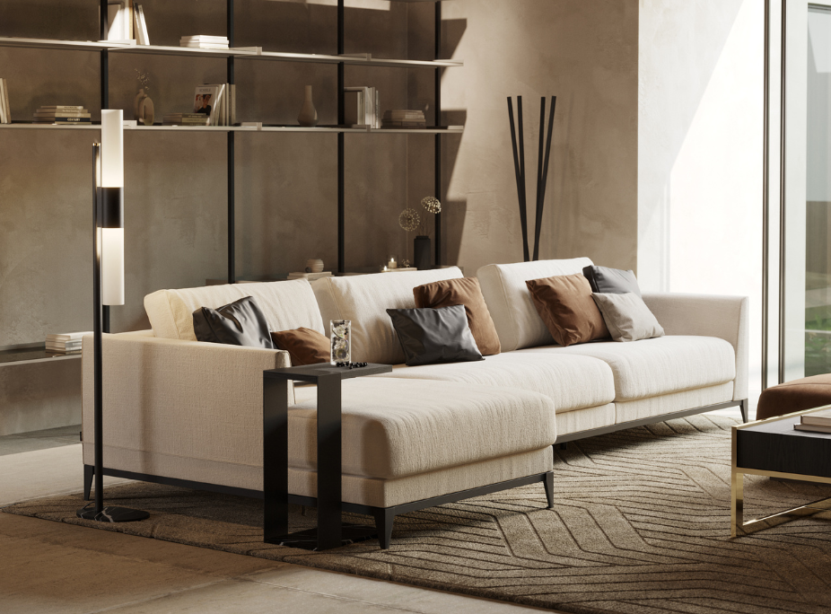 Dicas de decoração para escolher o sofá ideal para a sua sala de estar com Sofá Decker com Chaise Longue, Mesa de Apoio Poppi e Candeeiro de Pé Evans