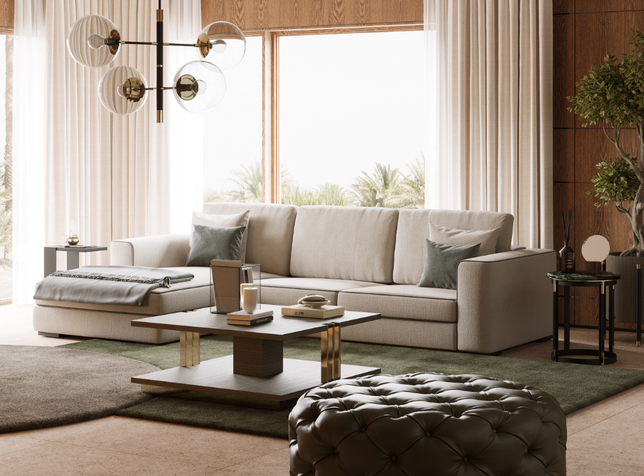 Dicas de decoração para escolher o sofá ideal para a sua sala de estar com Sofá Grey com Chaise Longue, Mesa de Centro D’Arc, Mesa de Apoio Lyssa e Puff Bur