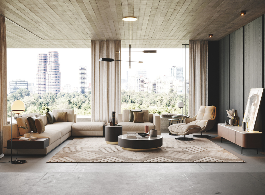 Dicas de decoração para escolher o sofá ideal para a sua sala de estar com Sofá Modular Fletcher, Mesa de Centro Gold, Cadeirão Sophia e Móvel de TV Norman