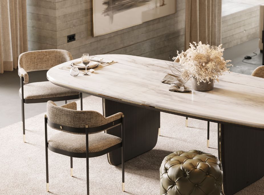 Dining room with marble dining table, bouclé chairs, leather puff stone, wall surface. al to create texture contrast in this neutral interior
