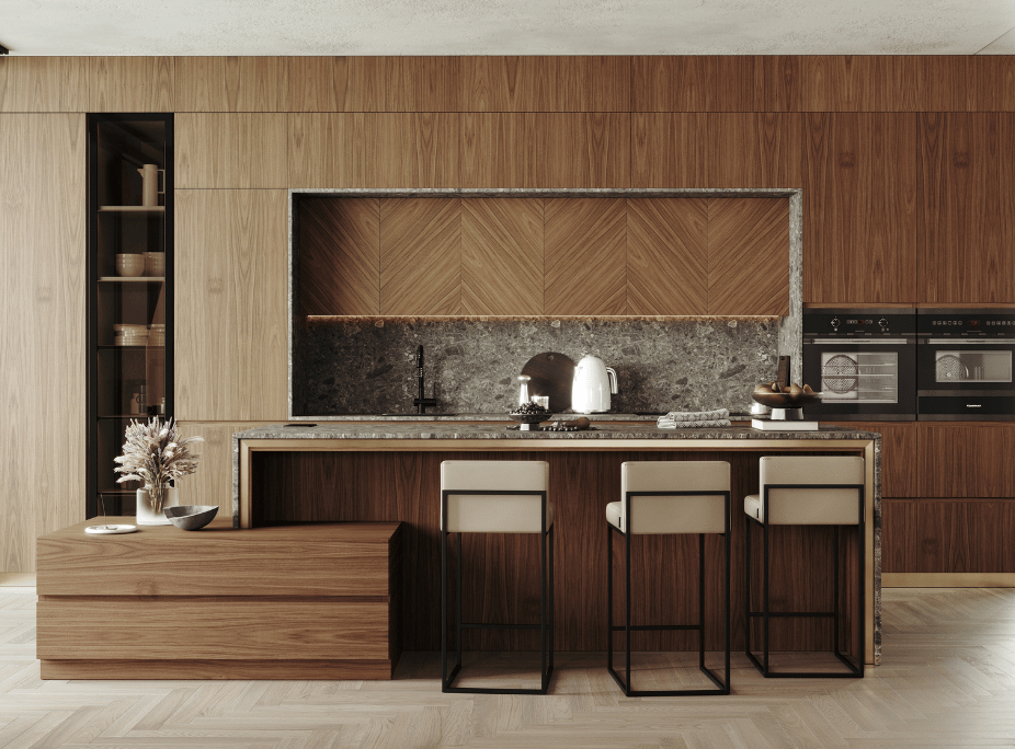 cocina y salón integrados con taburete alta achiles