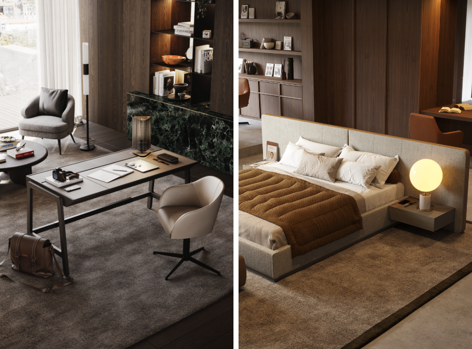 Tendncias de Decorao de Interiores para 2025 em Escritrio e Quarto, com tecnologia integrada no mobilirio