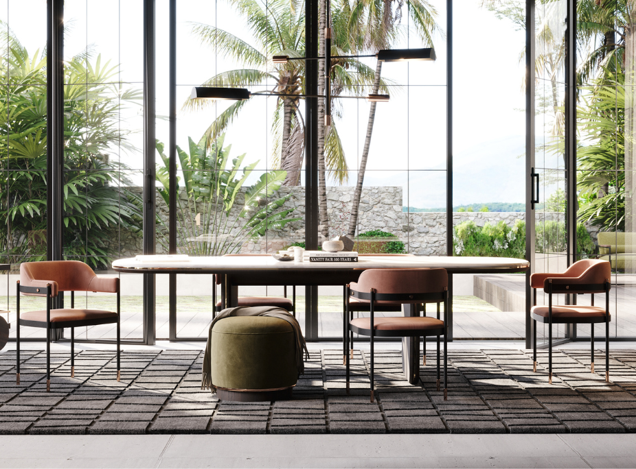 Tendncias de Decorao de Interiores para 2025 em Sala de Jantar com cor pantone 2025, verdes escuros, castanhos e beges