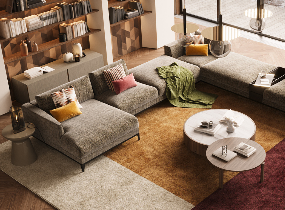 tendncias de Decorao outono 2024 - sala de estar com sof, mesas de centro, estante e mesa de apoio, paleta de vermelhos, amarelos e neutros