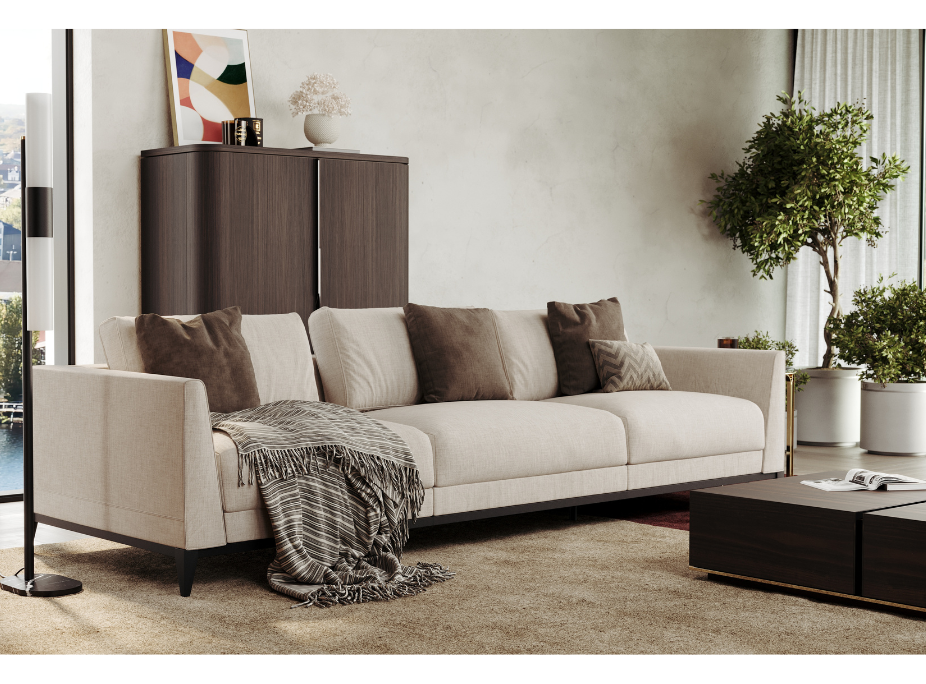 tendncias de Decorao outono 2024 - sala de estar com sof, manta, almofadas e floreiras com plantas