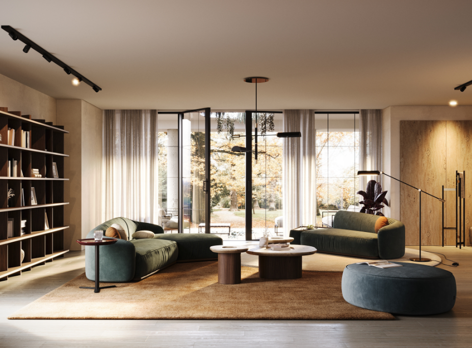 Tendências de decoração para outono e inverno de 2025 em sala de estar com tons neutros e terrosos, apontamentos de verde, azul e amarelo e amplas janelas para entrada de luz natural