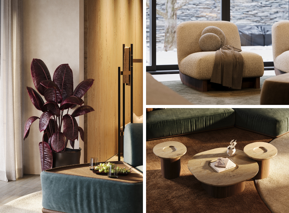 Tendências de decoração para outono e inverno de 2025 em sala de estar com plantas, acabamentos naturais como a pedra rugosa da mesa de centro e tecidos suaves em manta, cadeirão e almofadas