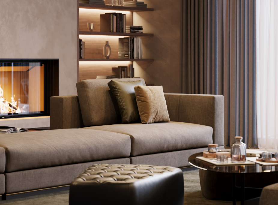 Tendências de decoração para outono e inverno de 2025 em sala de estar aconchegante, com cores terrosas, neutras e escuras, iluminação suave, lareira e o conforto do sofá grey.