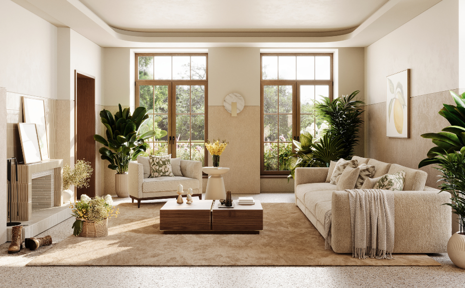 Sala de estar com grandes janelas viradas para um jardim. Sofá e cadeirão em tecido bege texturizado oferecem conforto tátil. Uma mesa de centro em madeira e várias plantas de interior reforçam a estética natural. A paleta de cores neutras proporciona serenidade.