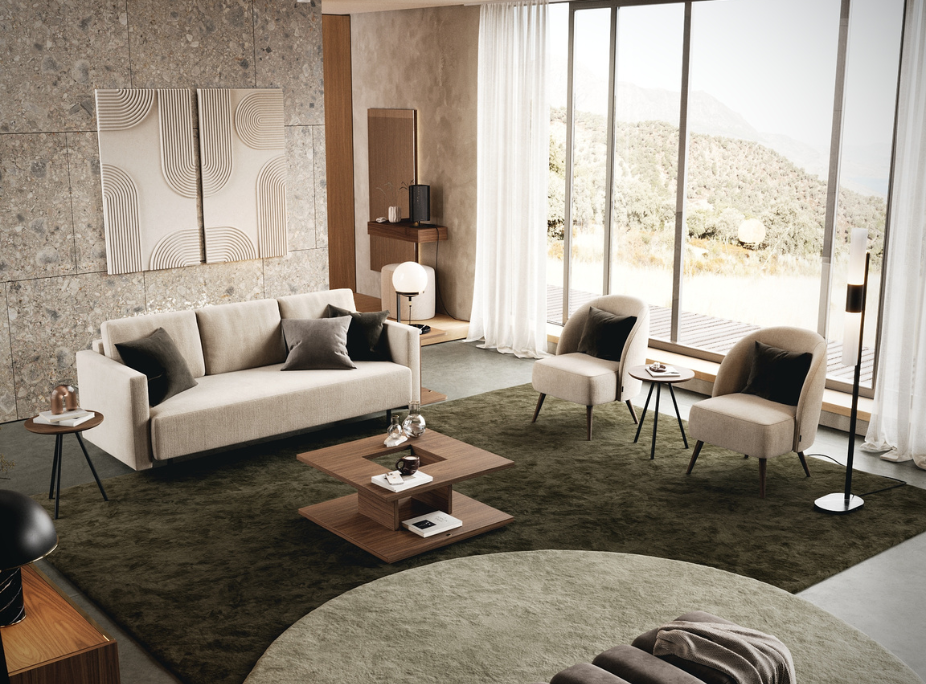 Tendncias de decorao em voga em sala de estar com sof, mesa de centro, cadeires e muita luz natural