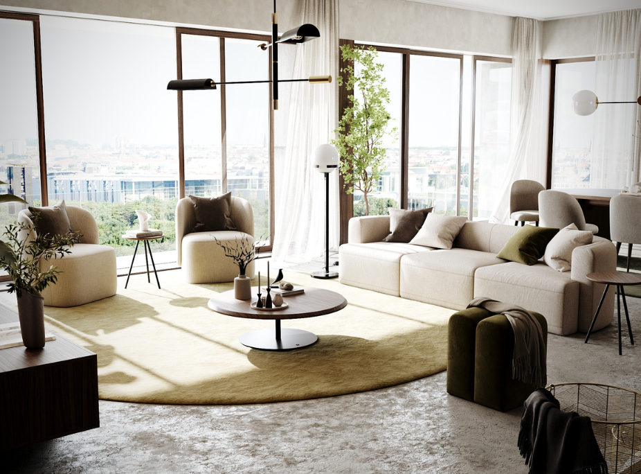 Tendncias de decorao em voga em sala de estar com decorao bioflica, formas orgnicas, plantas, materiais naturais e bastante luz natural