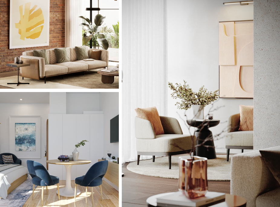 Tendncias de decorao em voga em diferentes ambientes com paleta neutra e apontamentos de cor vibrantes