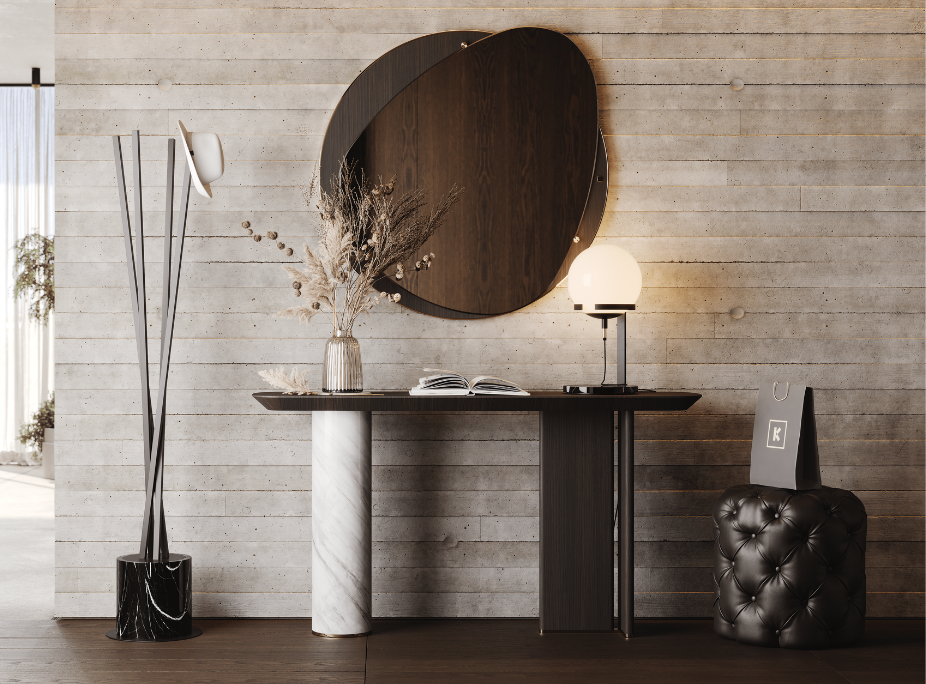 Lámpara de mesa (globo con base de mármol) sobre consola de madera, mármol y metal Laskasas. Iluminación acogedora y decoración de recibidor armoniosa. Espejo redondo con marco metálico.