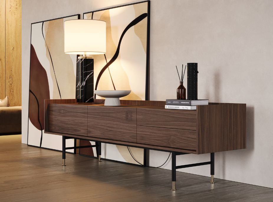 Tendencias de interiorismo para otoo e invierno de 2025 en saln con diferentes accesorios decorativos que dan vida al espacio, como cuadros, libros, cermica y fragancia Laskasas Veneza