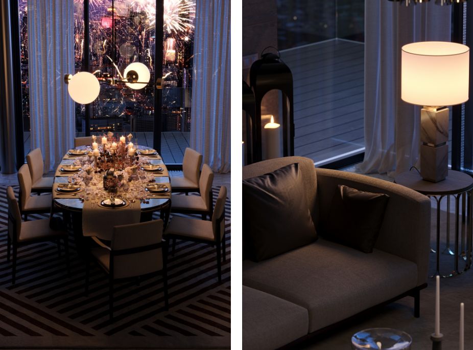 Jeane Dining Table and Quentin Table Lamp by Laskasas