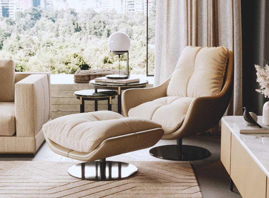 upholstered armchair ottoman neutral living room texture natural light interior design